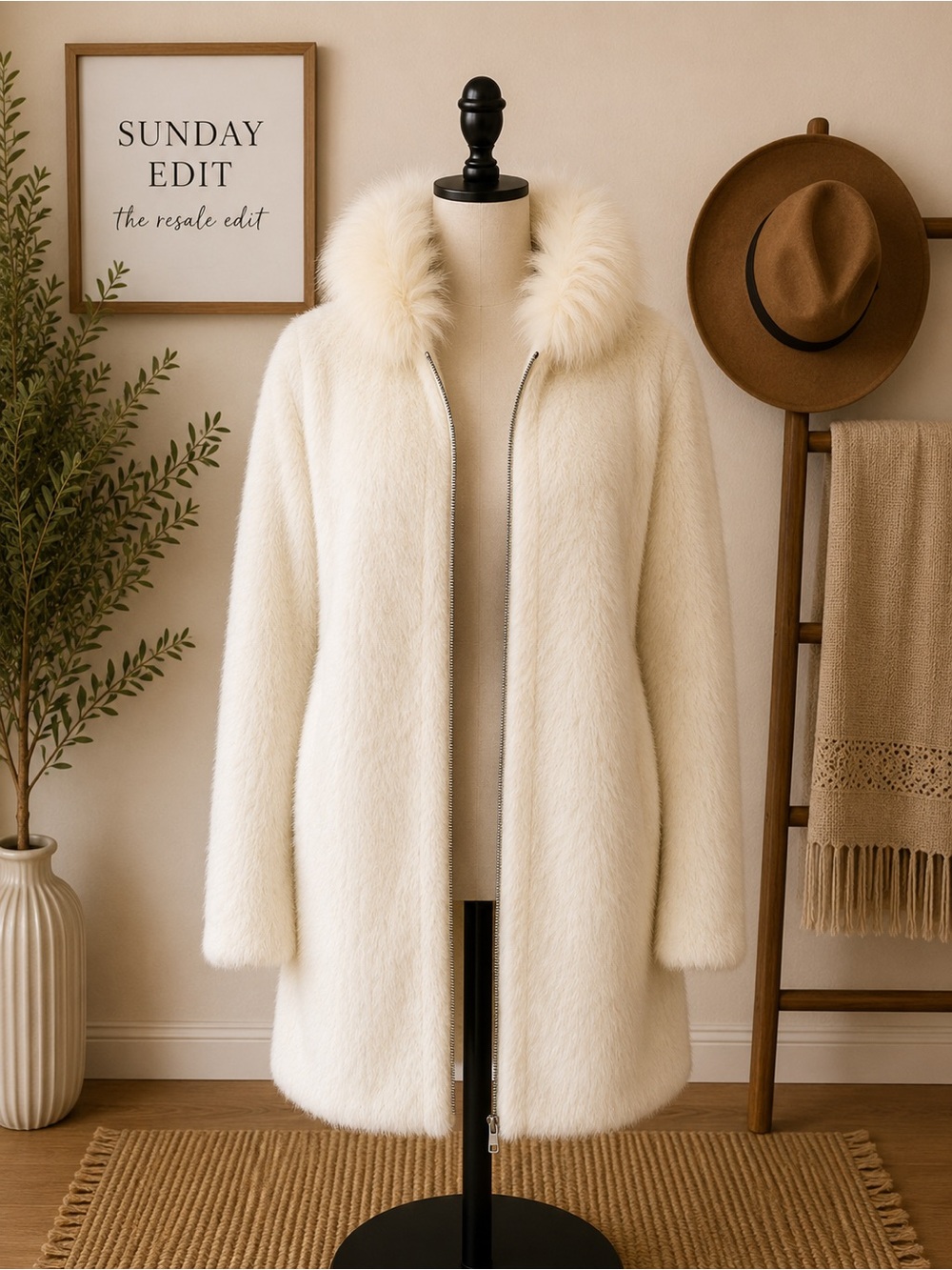 Easel Los Angeles Ivory Fuzzy Faux Fur Hood Long Coat S/M